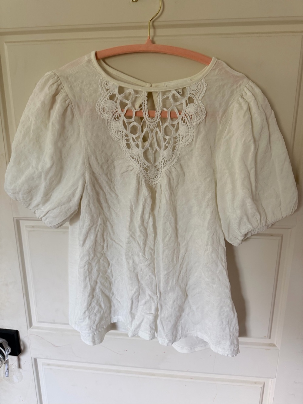 Love and Promises White Crochet-Yoke Puff Sleeve Top